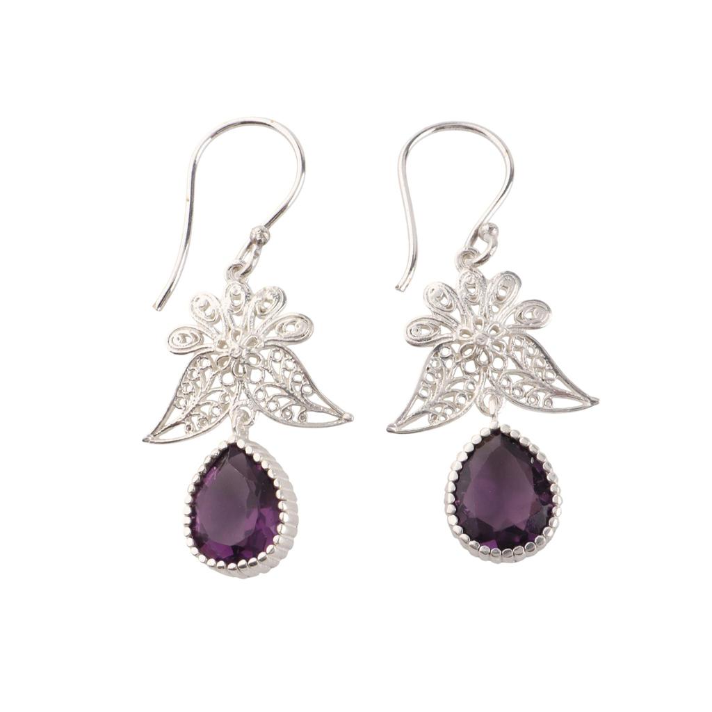 Amethyst Gemstone 925 Sterling Silver Handcrafted Jewelry Dangle Earrings 1.84" Gift For Women CE-23-6