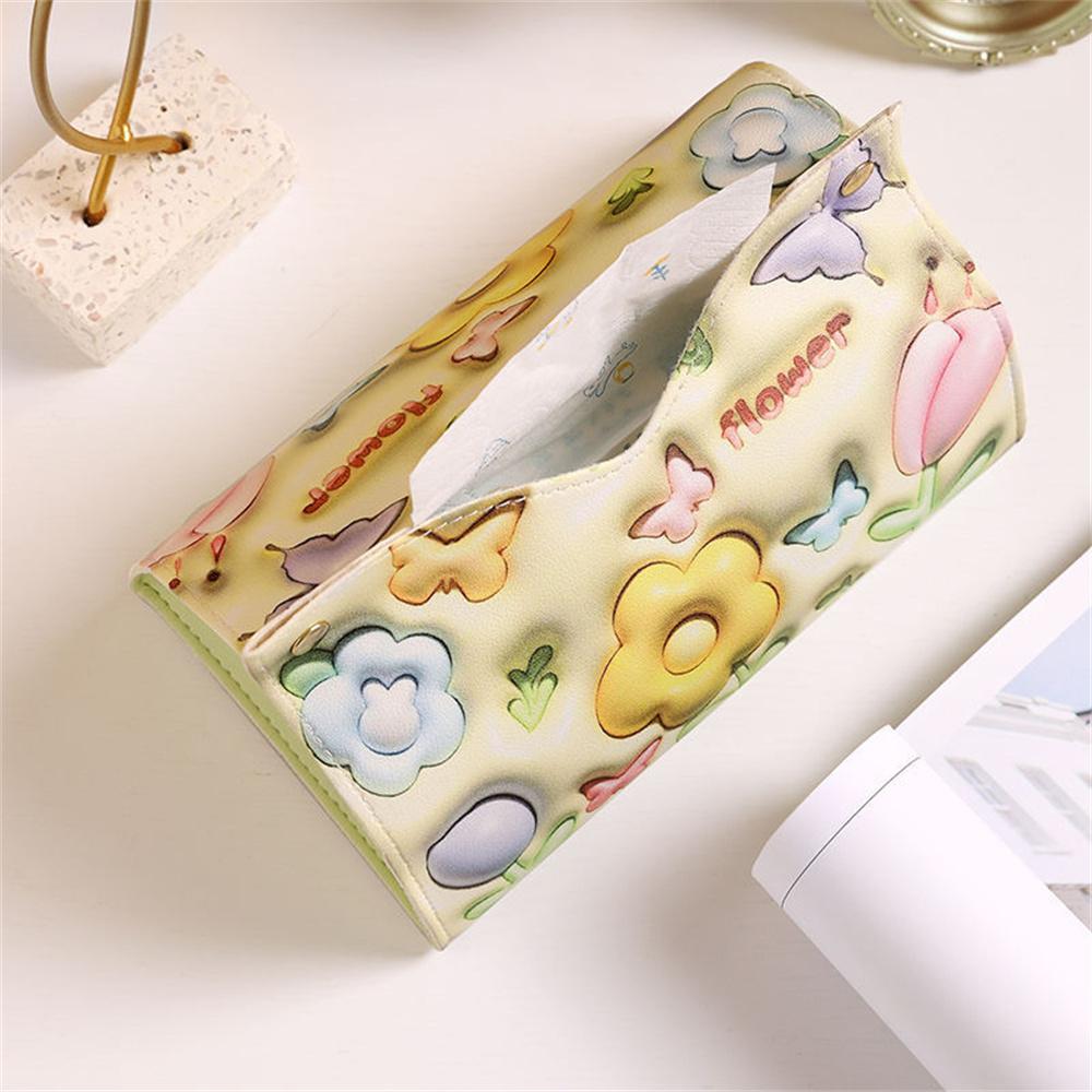3d Visual Effect Flower Printed Tissue Box Ins Style Paper Napkin Case Cute Pu Leather Home Car Paper Storage Boxes Girls Gifts