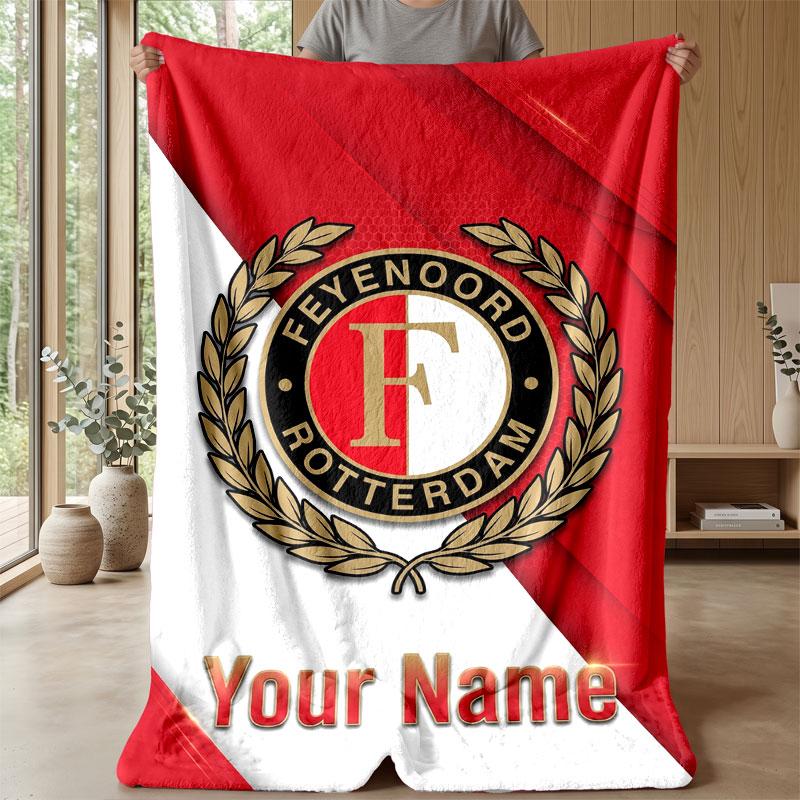 Feyenoord Custom Name Text Flannel Blanket Soccer Logo Personalized Fleece Throw Blanket Special Gift For Sofa Bedroom Home