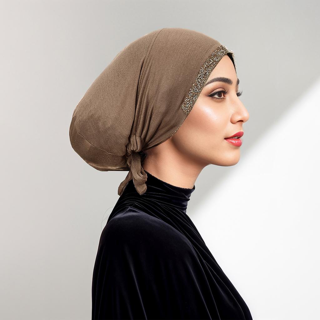 Shiny Rhinestone Hijab Muslim Inner Hijab Elastic Women Plain Solid Color Turban Undercaps Premium Soft Jersey Hijab Headband