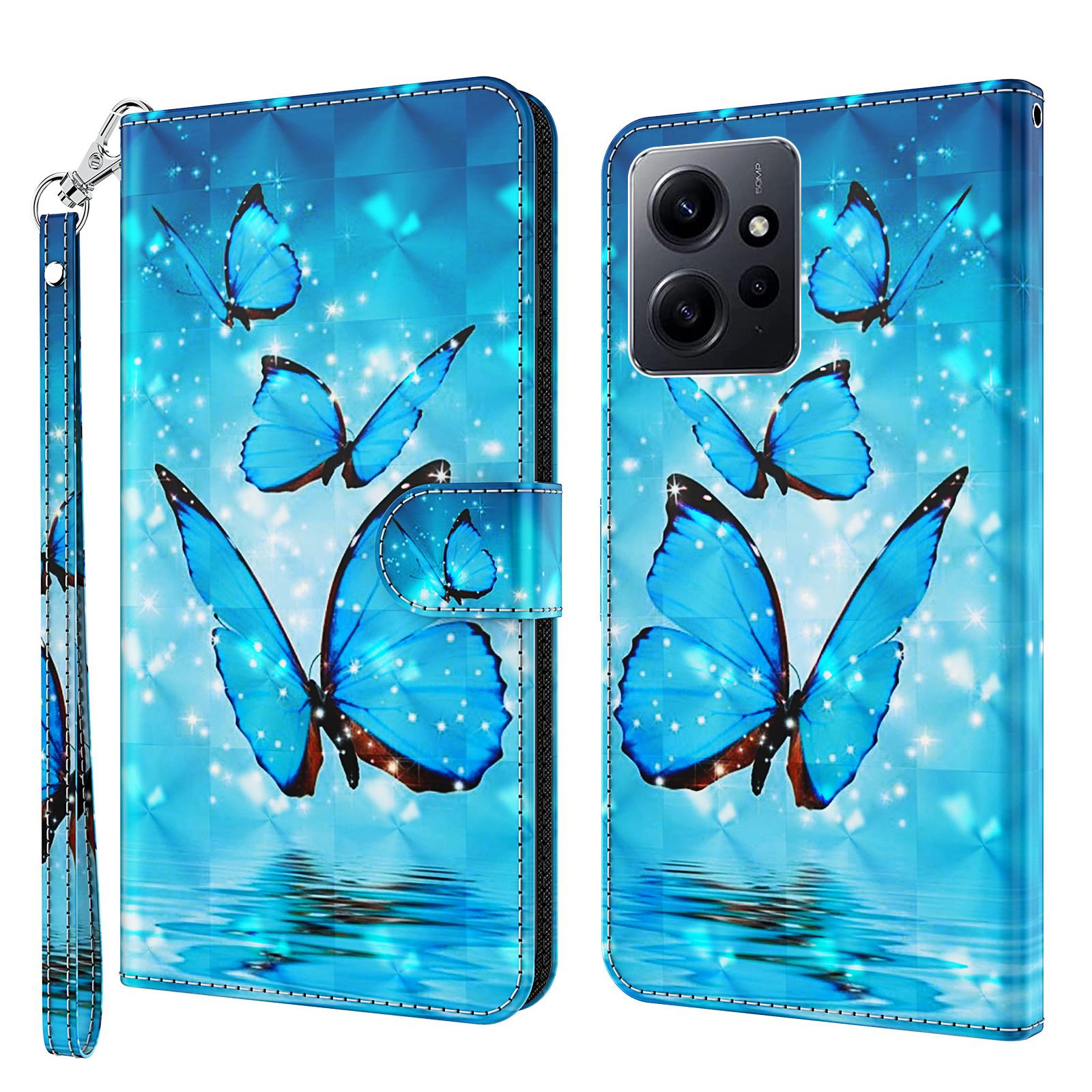

For Xiaomi Redmi Note 12 4G Wallet Leather Phone Case 3D Pattern Printing Stand Cover with Strap Blue Butterflies