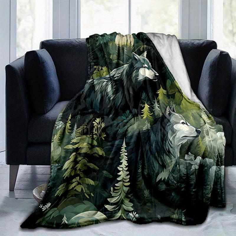 1pc Two Wolves in the Forest Blanket  Soft and Cozy Home Decor Gift for Friend, Suitable for All Seasons, Living Room, Travel, Camping