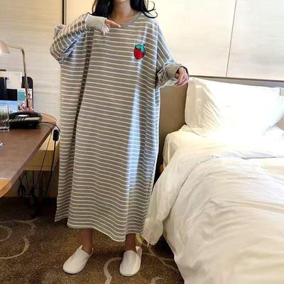 Women's Striped Long-Sleeve Pajama Dress - Loose Fit Mid-Length for Spring/Summer.