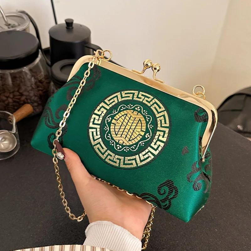 Retro taška přes rameno pro ženy Zlatá výšivka Lock Shell Clip Řetízek Messenger Clutch Zelená Crossbody kabelky