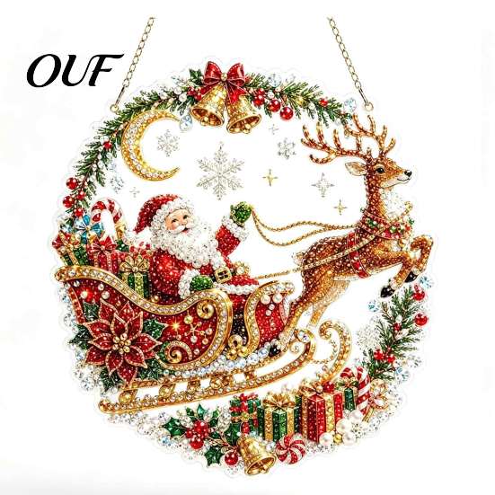 Shining Window Hanging Art Christmas Diamond Ornament, 2D Acrylic Pearl Painting Gift for Friends Family Pattern Suncatcher, Holiday Pendant