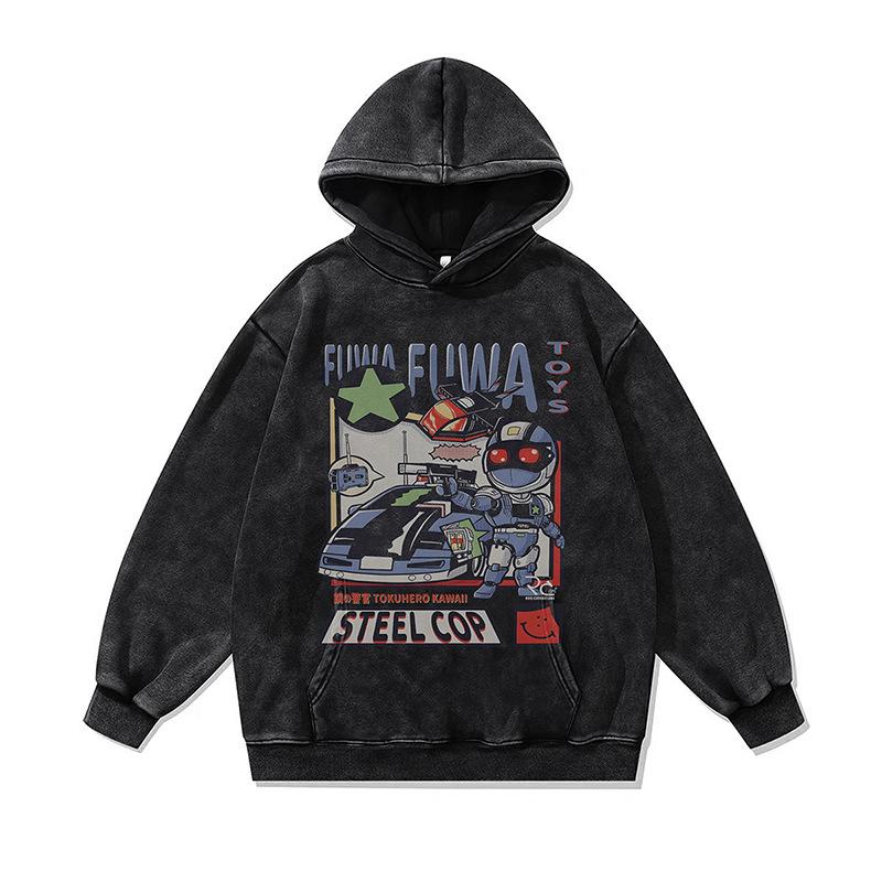 Japanese Dark Cartoon Digital Direct Injection Printing Hoodie Retro 430G Pure Cotton Loose Wash Sweater Men