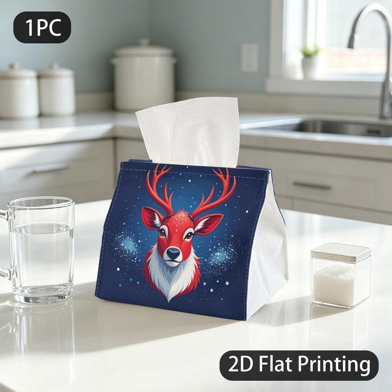 1pc Tissue Box, Flat Style Christmas Reindeer Festive Winter Pattern, 2D Flat Printing, Keeps Dust Out, Built to Last, Tissue Container, for The Dinin