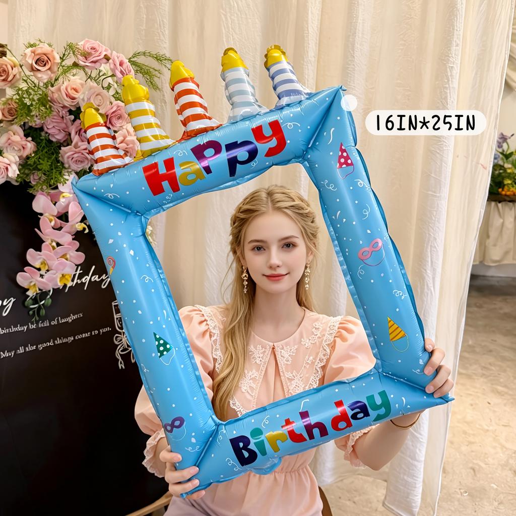 1pc Pink Blue Inflatable Photo Frame Balloons Party Photo Booth Props with Happy Birthday Messages and Candle Designs