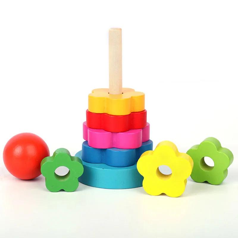 1pc Rainbow Tower Wood Blocks Color Shape Cognitive Play Kids Montessori Educational Wooden Toys for Children Stacking Ring Game
