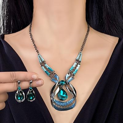 Fashion Jewelry Set Necklace  Stud Earrings Glitter Elegant Pendant Faux Gemstone 1Set Water Drop Shape Shiny Fashion