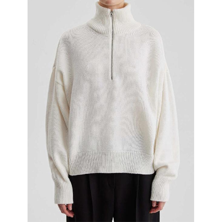 Knitted Lady'S Sweater Stand Collar Drop Shoulder Sleeves Loose Oversized Zippers Fluffy Pullover Autumn Casual Jumper