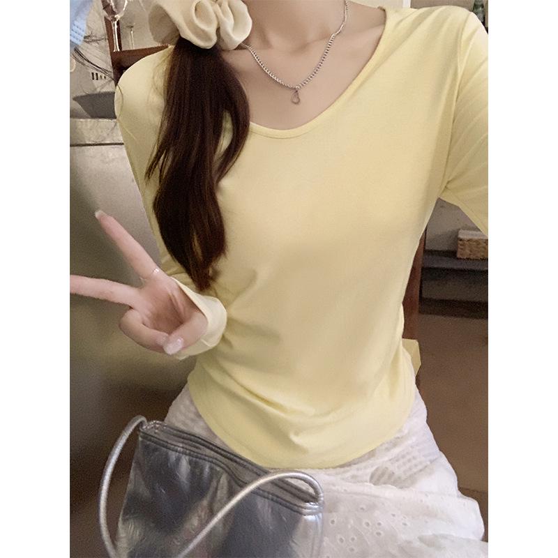 

Temperamental V-Neck Women s Solid Color Long Sleeve T-Shirt – Spring & Autumn Waist-Ruched Base Layer Medium жёлтый
