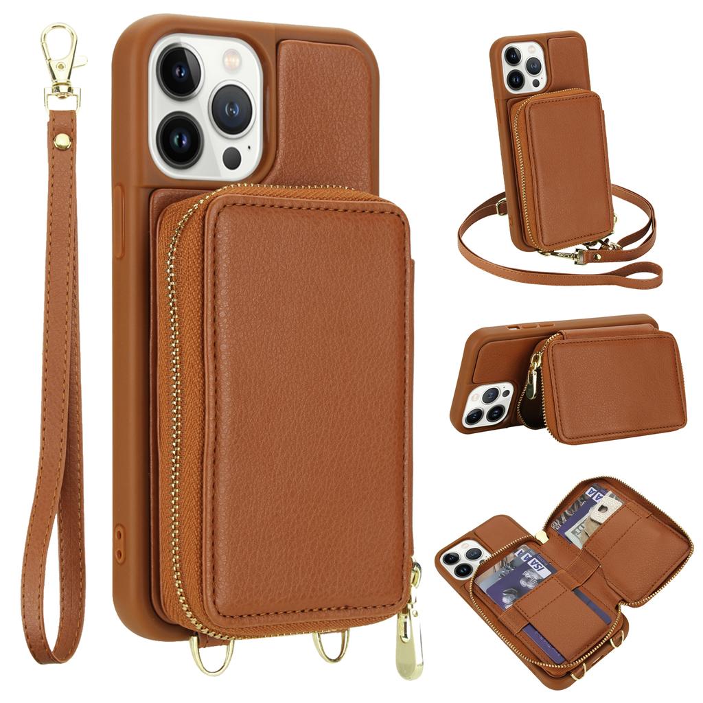 For iPhone 13 Pro Case RFID Blocking Zipper Wallet Leather + TPU Phone Cover with Shoulder Strap