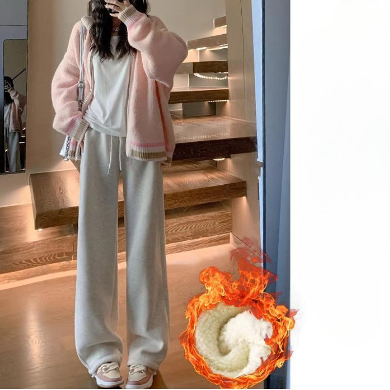 White-gray Plus Velvet Sweatpants Women's Autumn and Winter High-waisted Wide-leg Loose-fitting Leggings Thickened Lamb Fleece Outer Cotton Pants