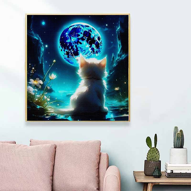 New Arrival 5D DIY Full Circle Diamond Painting "Cat Looking at the Moon" Embroidery Cross Stitch Home Decor Gift