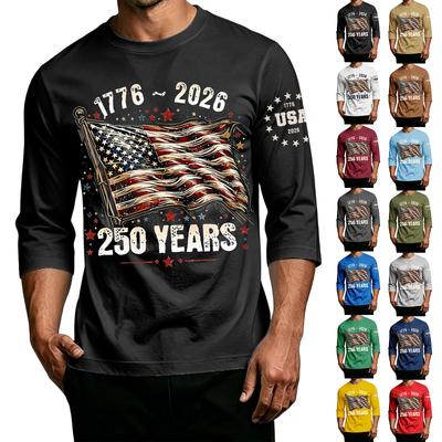 Men's Casual Crew Neck T-Shirt 3/4 Sleeve Independence Day Print 250 Years USA Commemorative Graphic Tee 1776 To 2026 Design