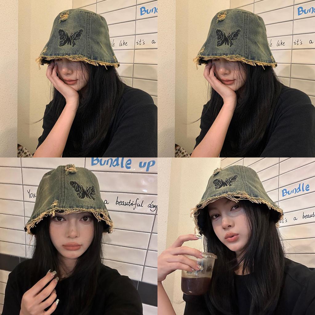 Trendy Retro Embroidery Denim Fisherman Hat For Adults With Chic Butterfly Design