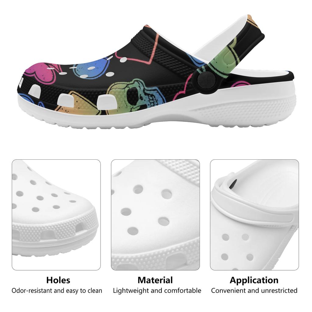 White EVA Clogs with Neon Heart Print, Lightweight Slip On Garden Shoes, Breathable Beach Sandals, Indoor Outdoor Slippers for Men Women