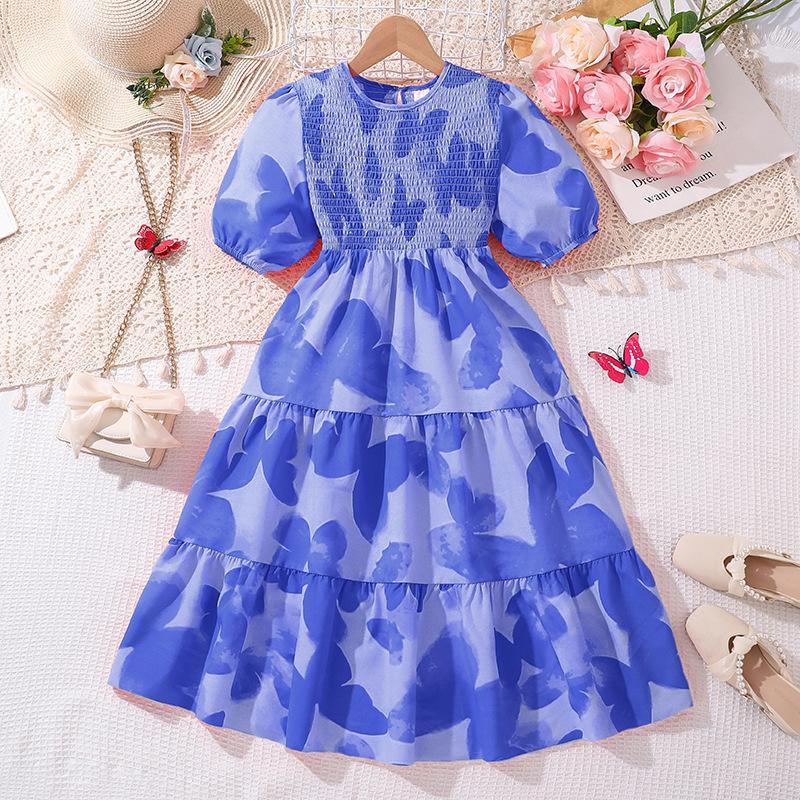 

Модное платье для девочек 2025 года, летнее детское милое платье принцессы с рукавами-фонариками и принтом бабочек в иностранном стиле 130cm=8Y синий
