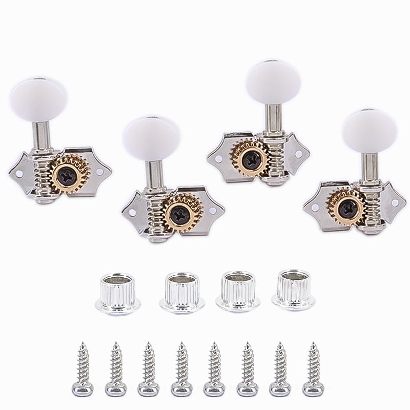 Ogdni 2R2L White Plated Guitar Tuning Pegs Machine Head Gear Ratio for Ukulele Guitar Bass Tuning Key Machine Head Replacement Tuners, 119 4-String