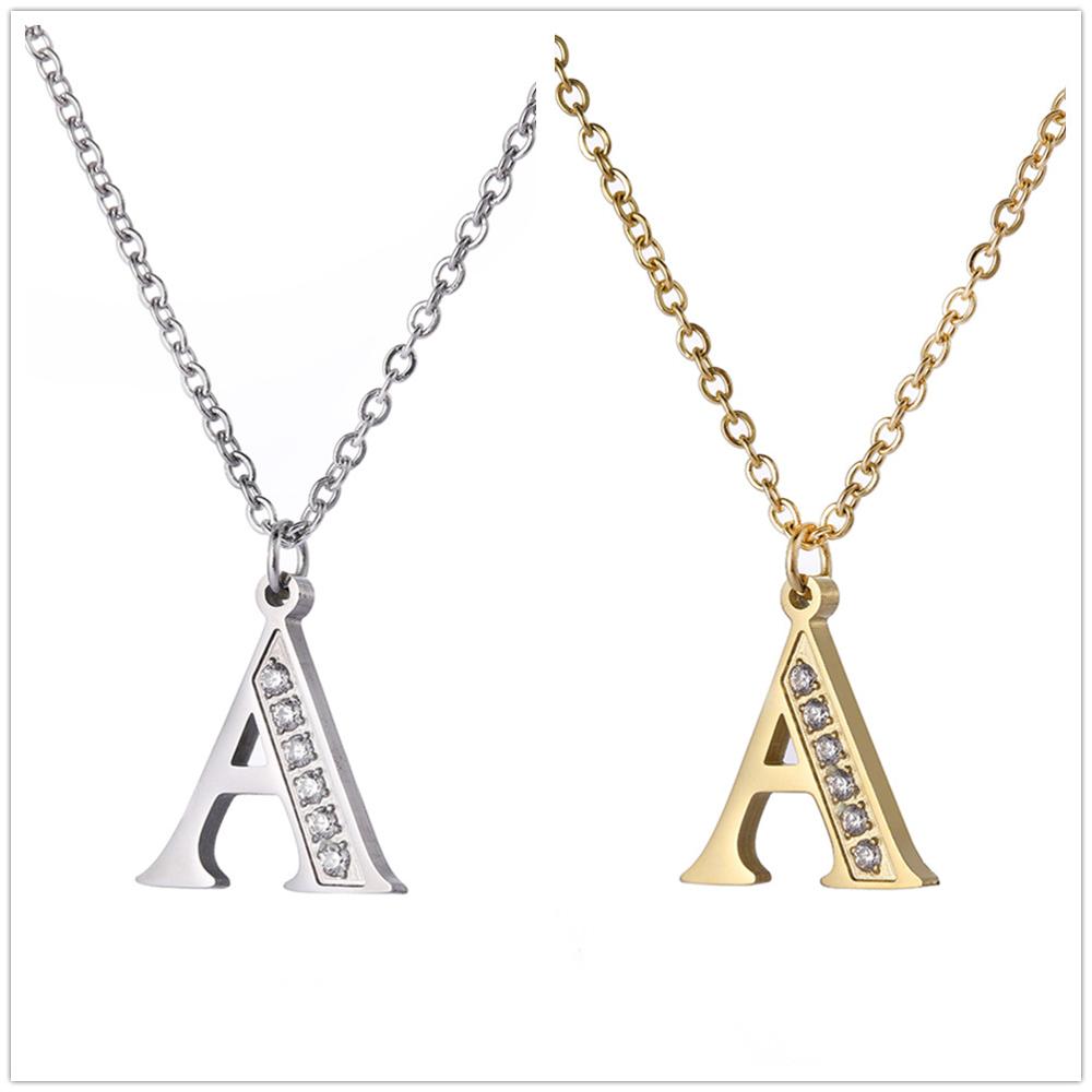 Women Clear Zircon 26 Letters Pendant Necklace Stainless Steel Gold A-Z Alphabet Choker Initial Necklaces Jewelry