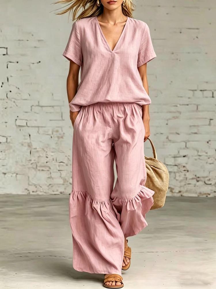 Women V Neck Ruffled Hem Linen Blend Two Piece Set Wide Leg Pants Summer Casual Outfit
