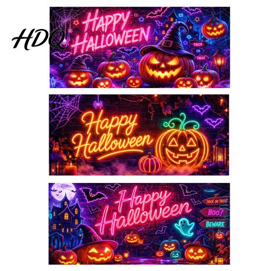 Large Spooky Holiday Banner Halloween Garage Door Banner Pumpkin Ghost Spider Web Patterns Yard Flag Polyester Festive Wall Sign for Party