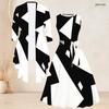 Women Plus Size Two Piece Set Black White Printed Long Sleeve Cardigan Sleeveless Round Neck Tie Waist Flared Dress