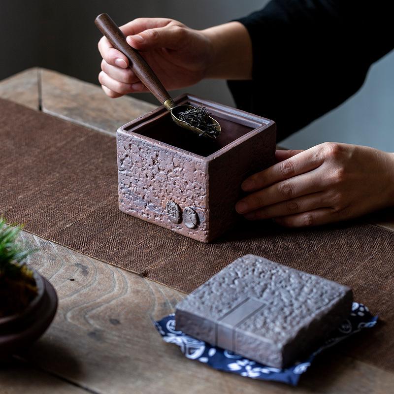 Pottery Sealed Jar Ceramic Tea Caddy Moisture-proof Sealed Tank Tea Jar Tea Container Home Square Tank Candy Jar Storage Box