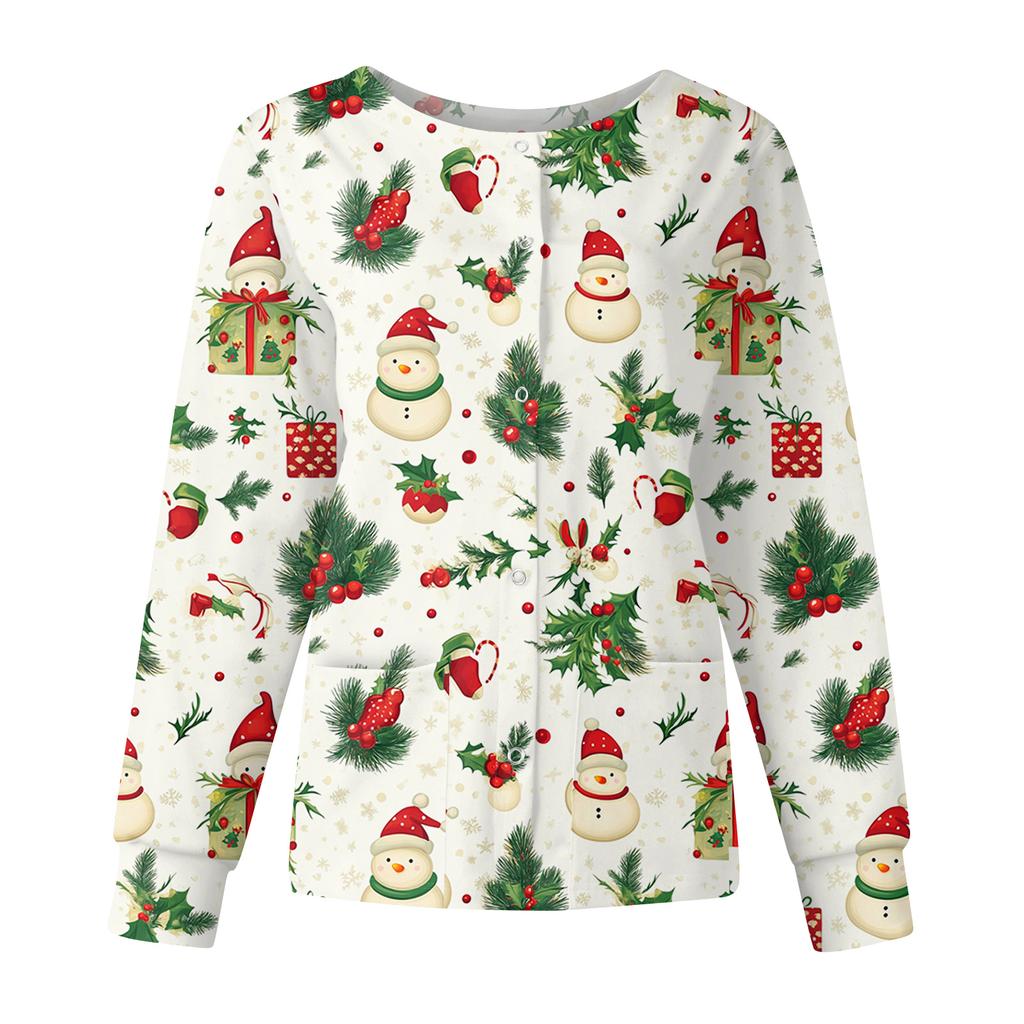 Women's Casual Fashion Long Sleeve Standing Collar Single Breasted Christmas Print Workwear Jacket Tops
