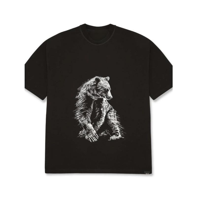 Bílé nadměrné tričko s grafickou stříbrnou výšivkou medvěda pro běžné nošení