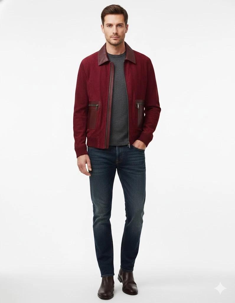 Burgundy Handmade Stylish Bomber Suede Lambskin Leather Jacket Biker Men's Fit