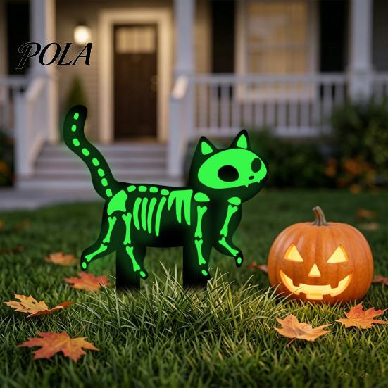 Luminous Outdoor Halloween Decorations Skeleton Cat Garden Stake, Glow in The Dark Ornament, Spooky Black Lawn Decor Acrylic Yard Art Stake