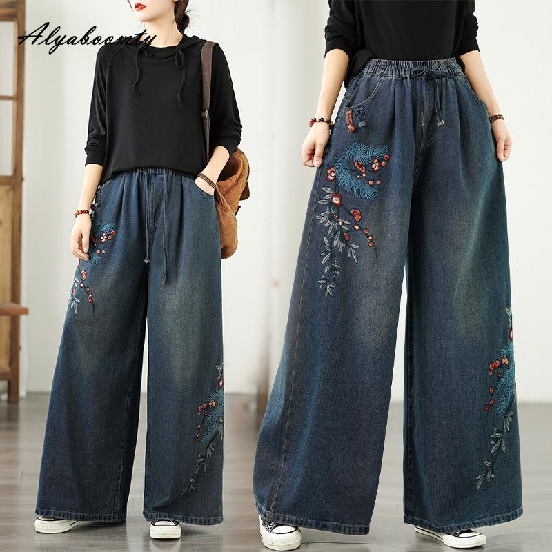 Etnický styl Plus Size Dámské Základní Džíny s širokými nohavicemi Vysoký pas Stahování šňůrkou Jemná výšivka Květinové Volné džínové kalhoty Vintage Elegantní Dámské džíny