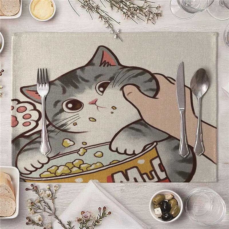 Cute Kiss Cat Pattern Kitchen Placemat Dining Table Mats Drink Coasters Western Pad Cotton Linen Cup Mat 45*32cm