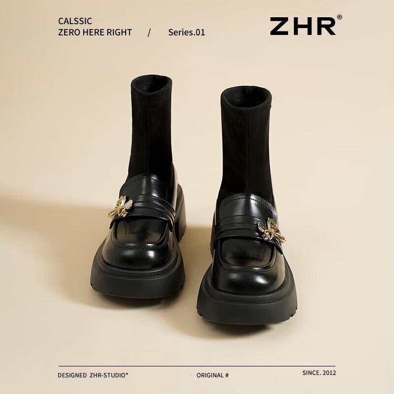 ZHR Women s Preppy Chunky Heel Plush Lined Ankle Sock Boots 37