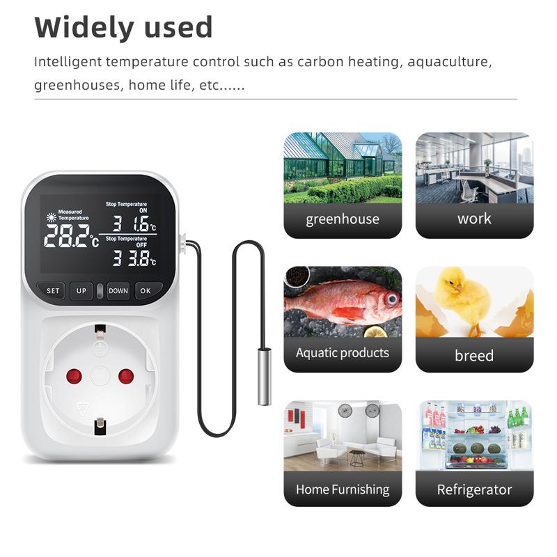 16A 230V Thermostatsteckdose Digitaler Temperaturregler Steckdose mit Sensor EU-Stecker Heiz-Kühl-Schalter mit Timer KWE-TC01