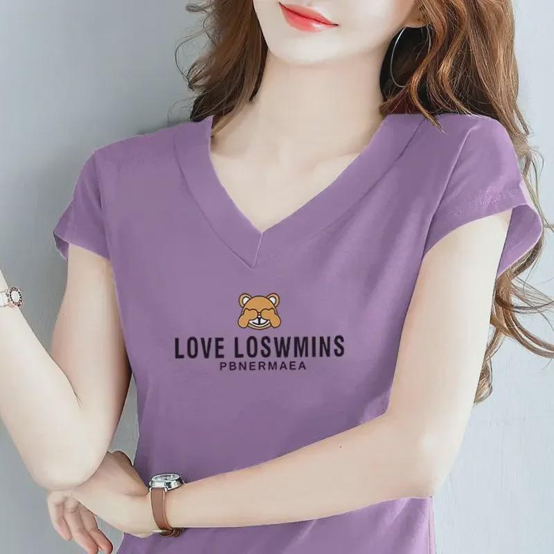 Damen 2024 V-Ausschnitt Lockeres Kurzarm-T-Shirt aus reiner Baumwolle - Sommeroberteil in Übergröße