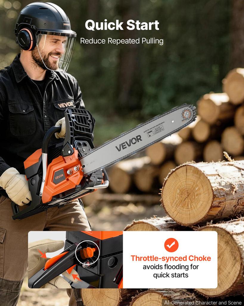 VEVOR Gas Powered Chainsaw 457.2 mm 52CC 2kW 2 Stroke Engine Gas Chainsaw, for Wood Cutting, Tree Trimming & Land Clearing, Throttle-Synced Choke