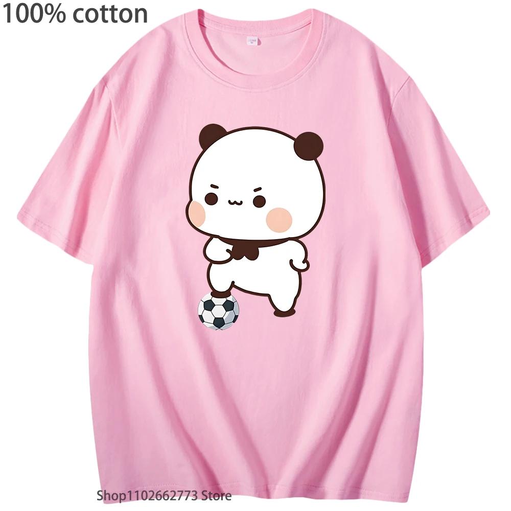 Cute Bubu Is Playing Soccer T-Shirts Kawaii Cute Panda Bear Graphic Shirts Women T Shirt Men 100% Cotton Summer Casual Tops