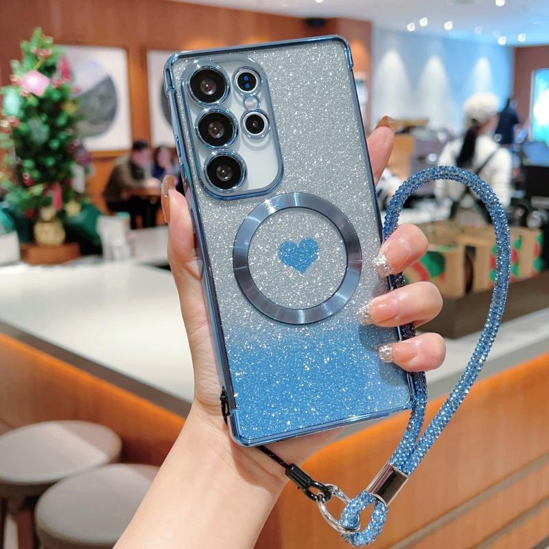 For Samsung Galaxy S25 Ultra Magnetic Case TPU Phone Cover with Strap Heart Gradient Sparkle