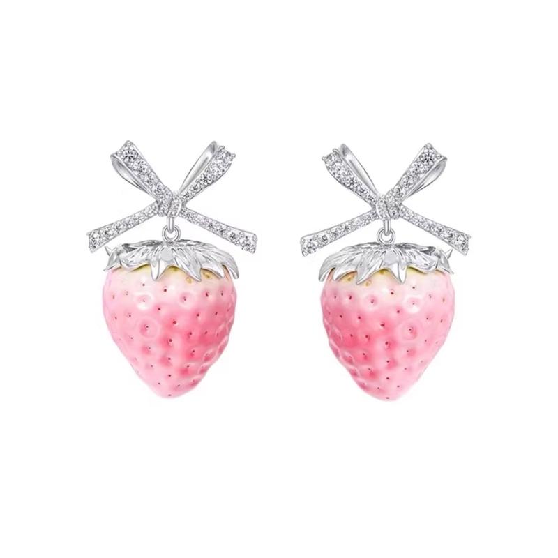 

Pair Of Elegant Butterfly Bowknot Strawberry Earrings With Sparkling Zircon Stones Party Wear Ear Studs For Women Girls 1