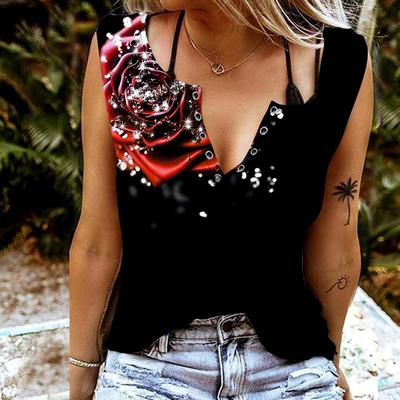 Damen-Tanktops, sexy V-Ausschnitt, ärmellose Sommer-Tops, Weste, 3D-Diamant-Rosen-Druck, coole, leichte Tops