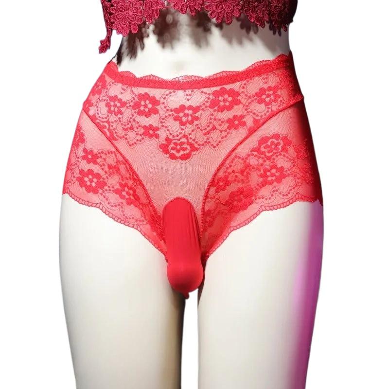 Large Size Sissy Pouch Panties Men'S Full Lace See Through Lingerie Underwear Sexy Gay Male Bullet Separation Briefs Nightwear
