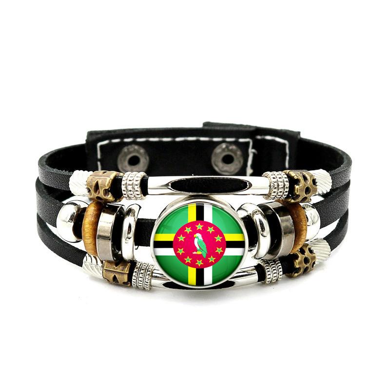 Factory National Country Flag Design Bracelet Crystal Bead Snap Button Sports National Team Jewelry Gift Leather Wrap Bracelet