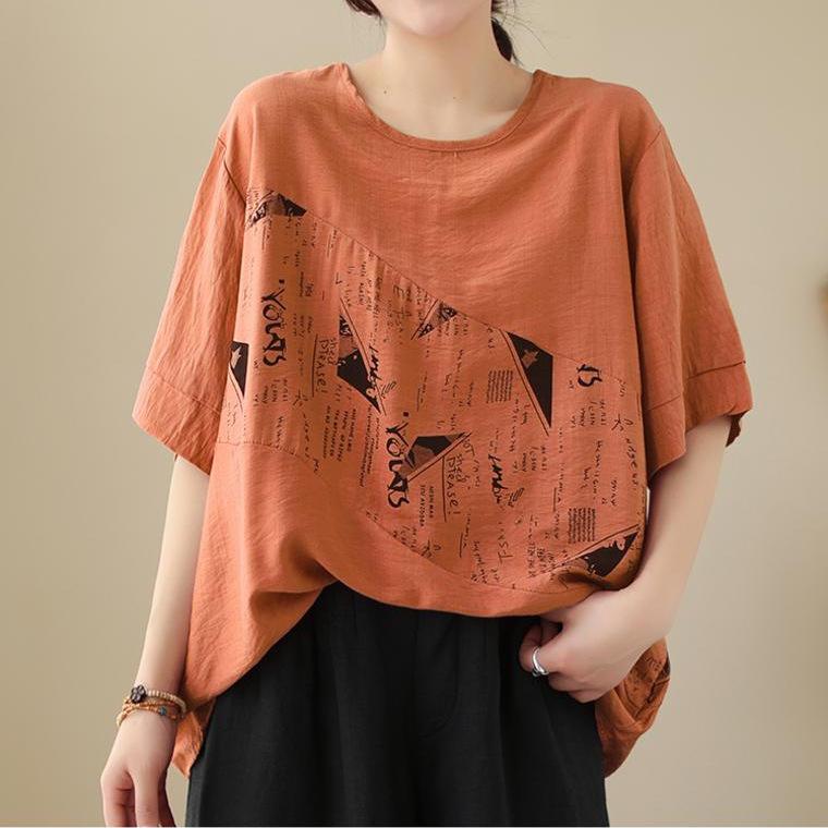 New Summer Style Literary Loose Large-size Printed Round Neck Cotton Linen Short-sleeved T-shirt for Women, Versatile Casual Tops