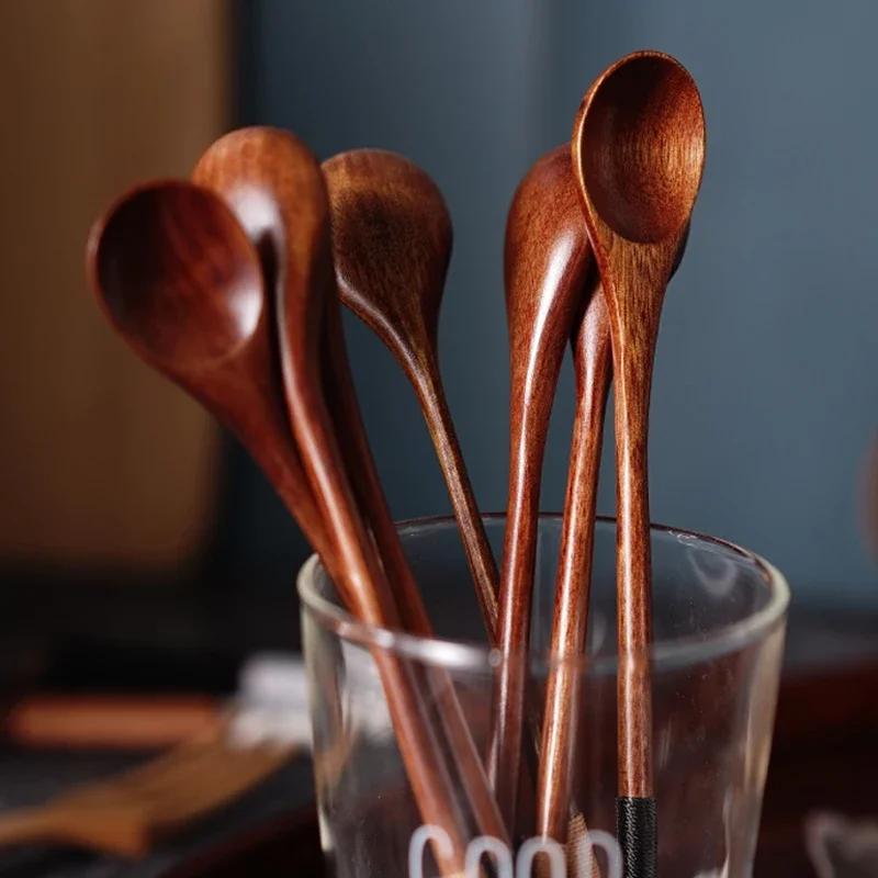 10Pcs Colheres de chá de madeira pequenas e longas, colher de chá de café estilo japonês, mel, sobremesa, café, bebida, agitador, colher de mistura, utensílios de mesa