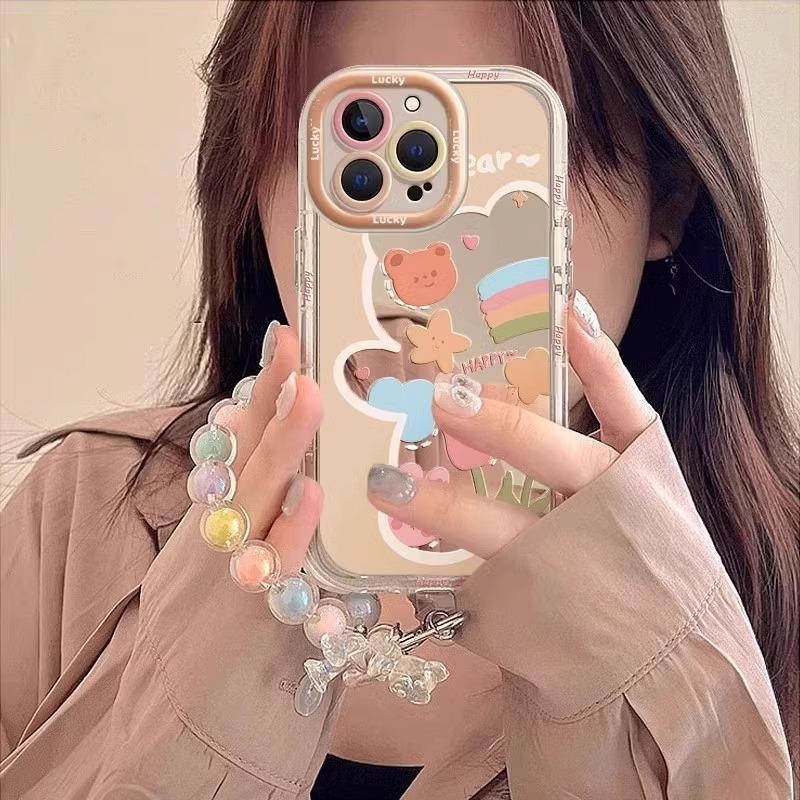 Summer Mirror Bear Rainbow Flower Apple 17 Mobile Phone Case New 16promax All-inclusive Anti-drop Protective Case Soft