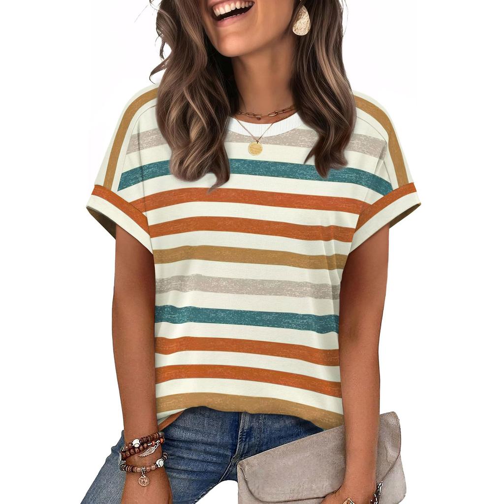 Women's Casual Short Sleeve Striped T Shirt Crew Neck Loose Fit Lightweight Summer Top for Everyday Wear