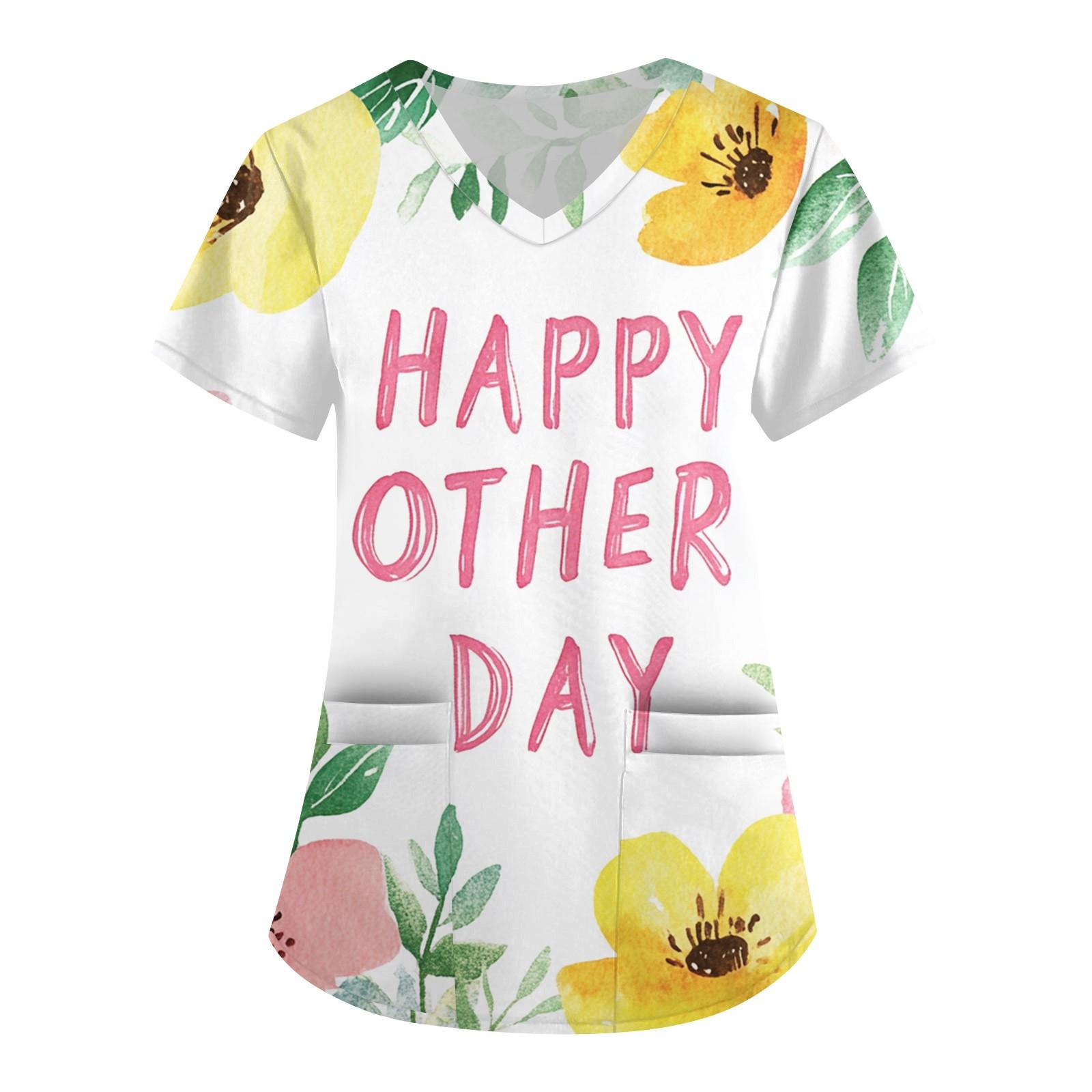 

Women s Fashion V-neck Short-sleeved Work Clothes With Pockets Mother s Day Print Top Care Wear XL жовтий